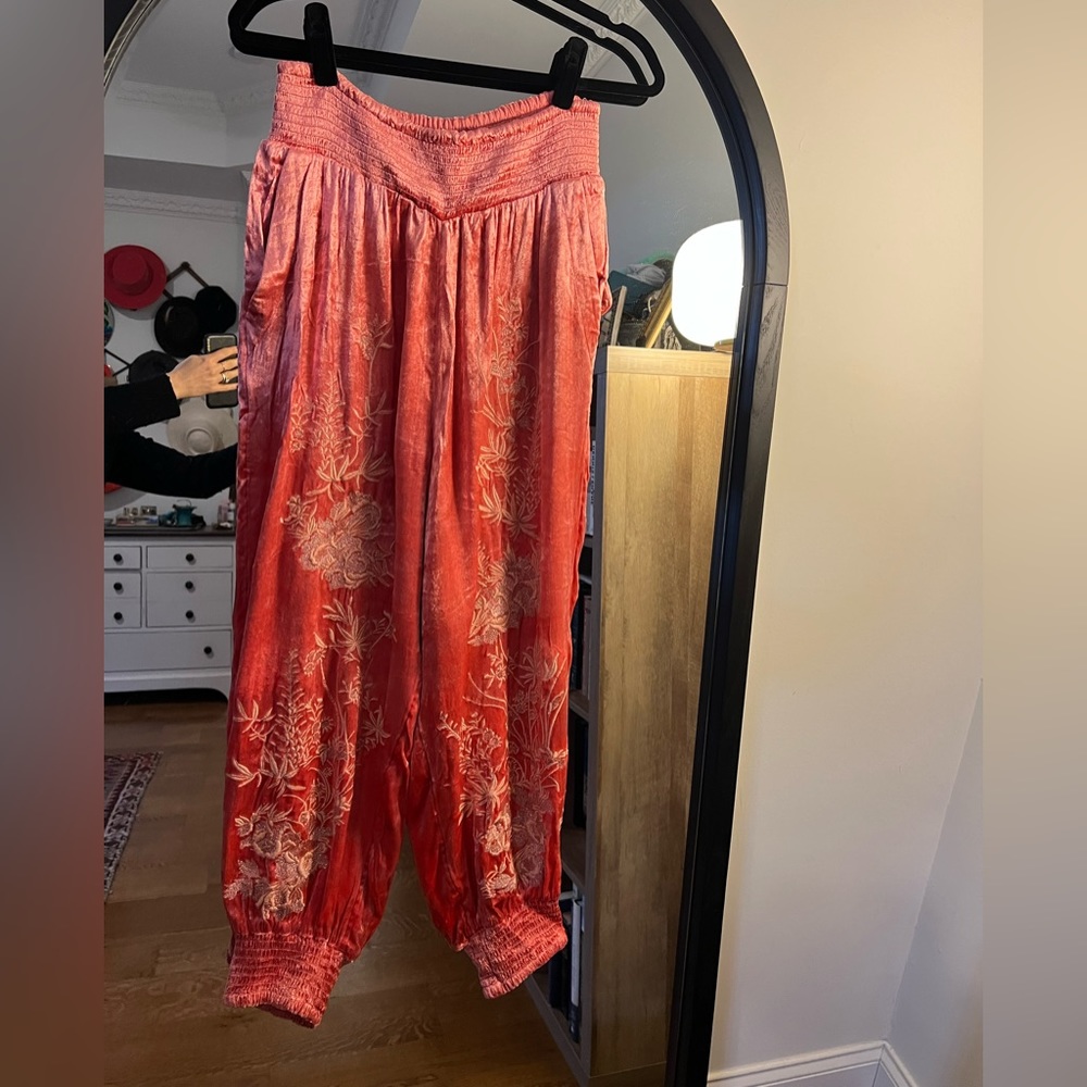 Coral velvet embroidered harem pants from Anthropologie
